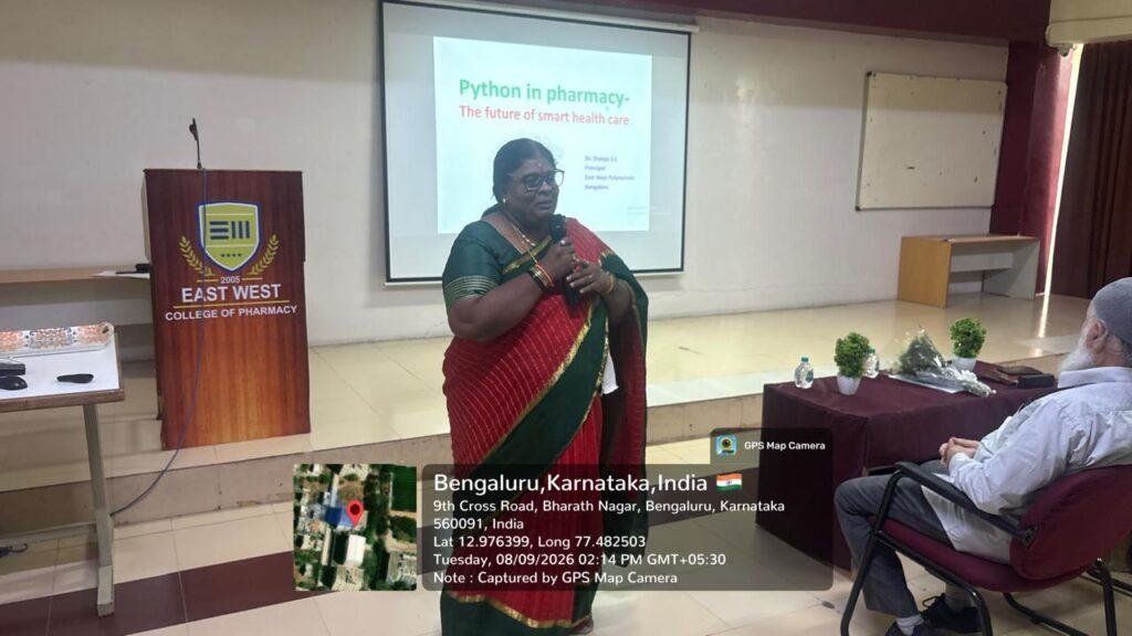 Dr. Shylaja S. L. speaking at the ToT Programme on Python in Pharmacy, East West College of Pharmacy